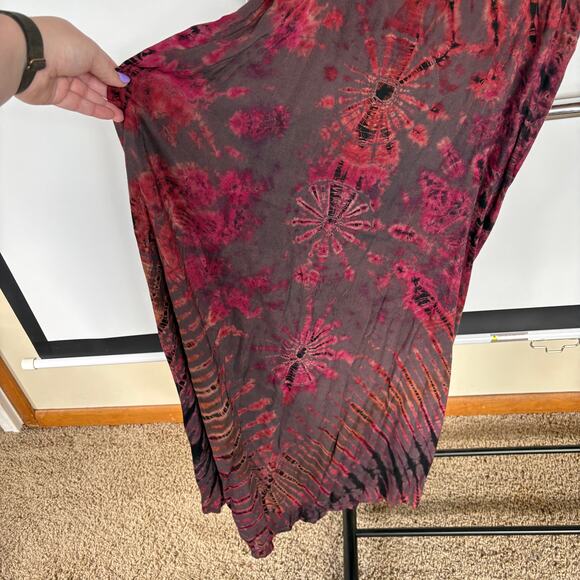 Bohemian Tie Dye Red Rayon Flowy Maxi Dress Adjustable Hippie Gypsy Festival - Picture 4 of 10